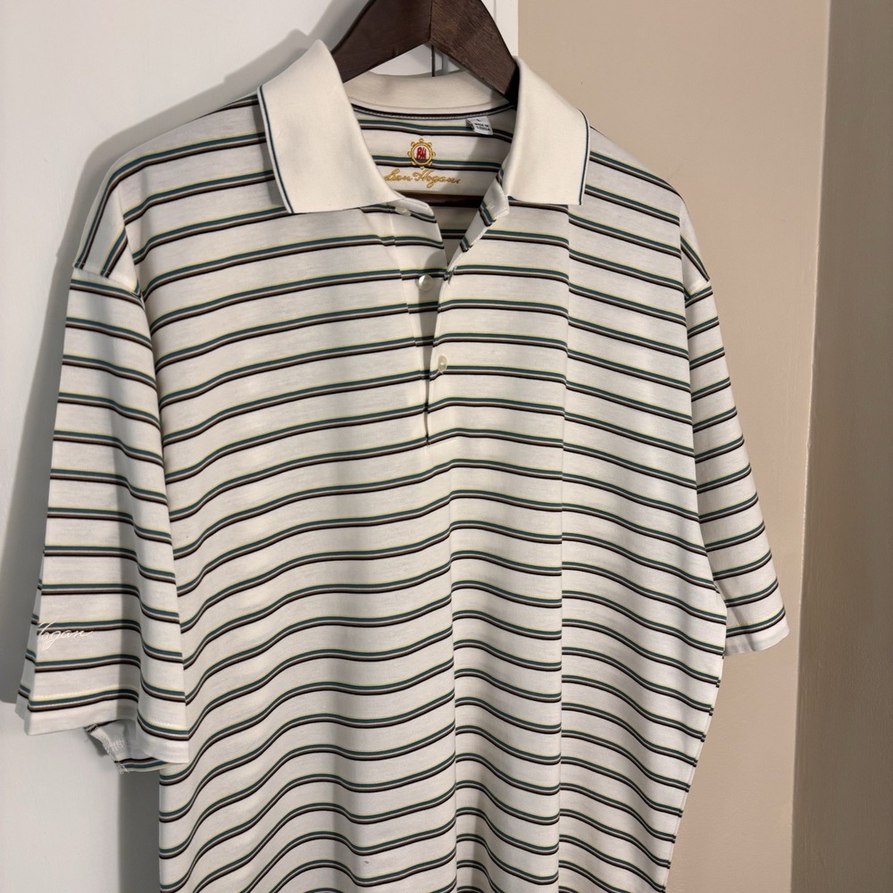 Ben Hogan Men's White Striped Short Sleeve‎ Collared Polo Shirt Size L
